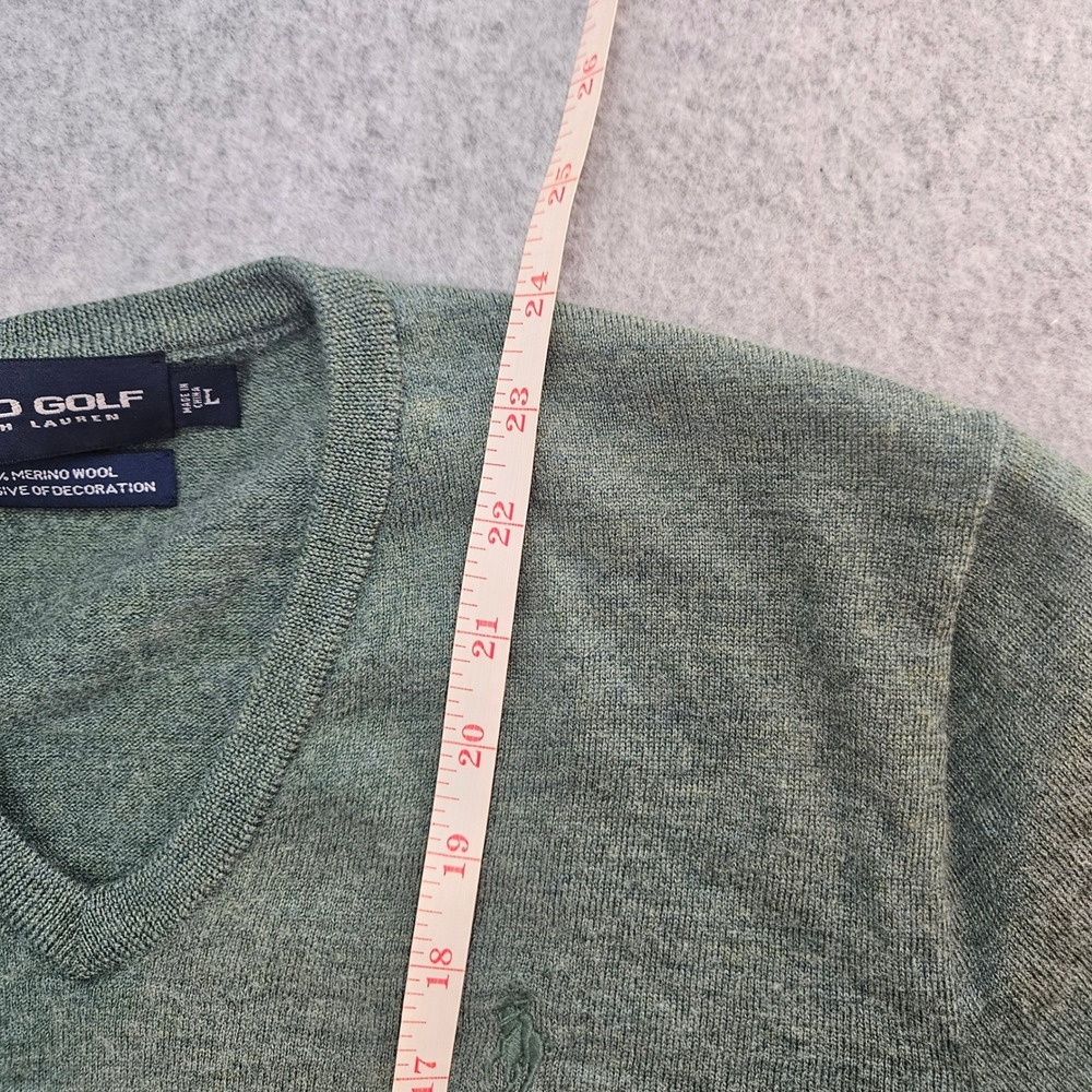 POLO GOLF LAUREN | Mens L Merino Wool V-Neck Sweater Sage Green Logo - Picture 7 of 10